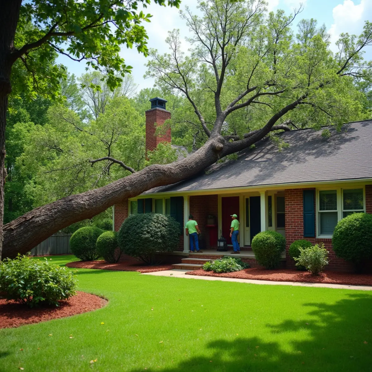 Fallen tree resting on a North Carolina home roof after a storm
