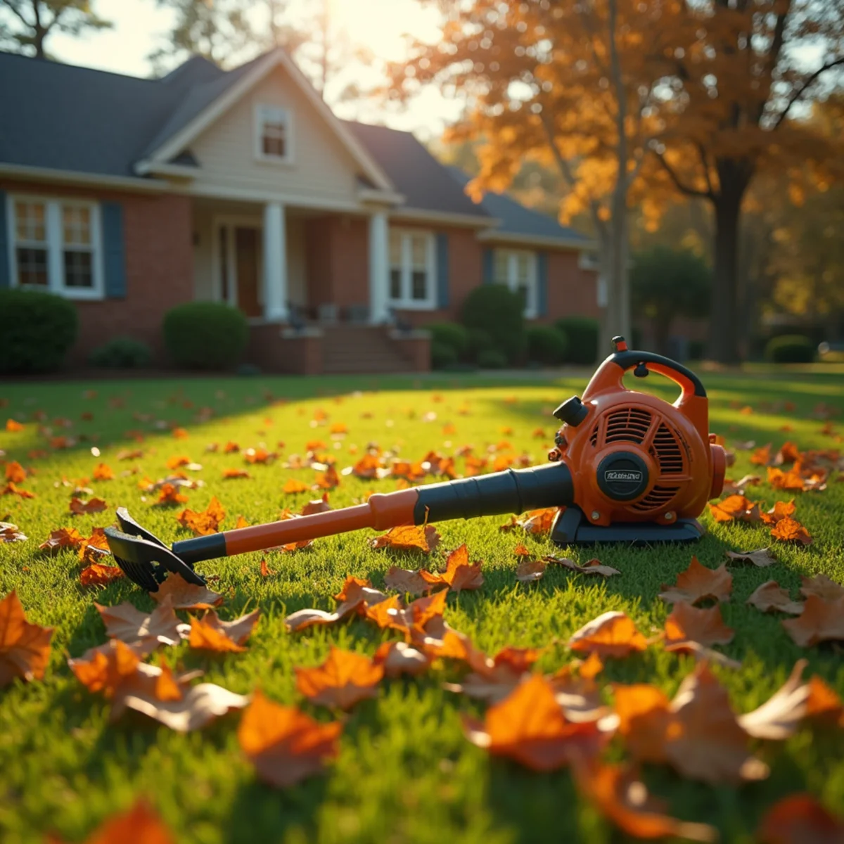 Thick layer of fallen leaves covering a fescue lawn in North Carolina in autumn