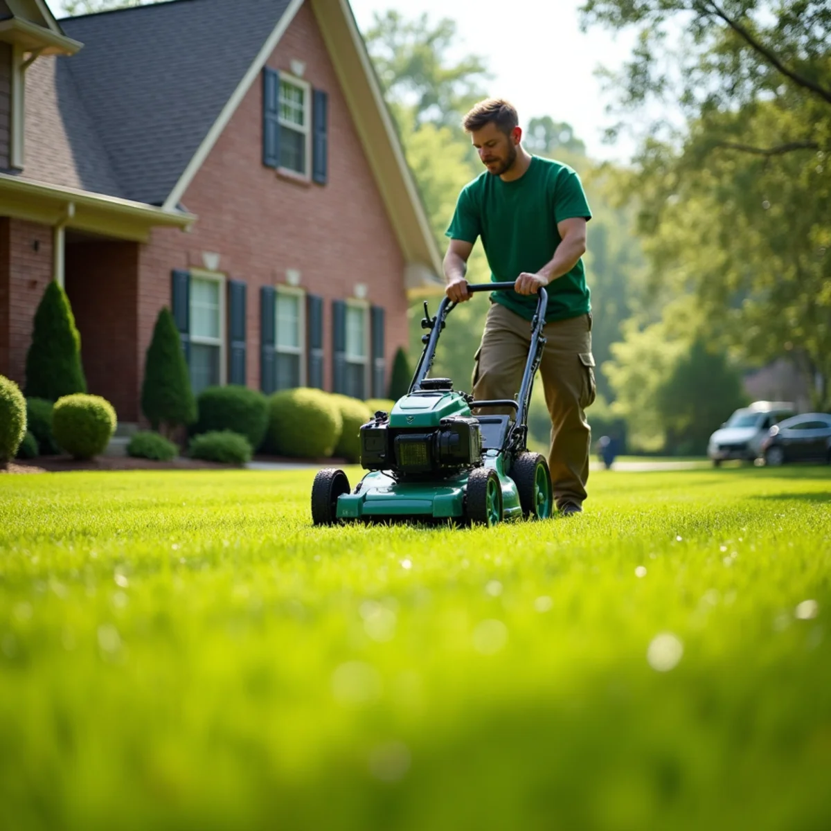 Homeowner mowing a healthy green lawn in North Carolina during summer