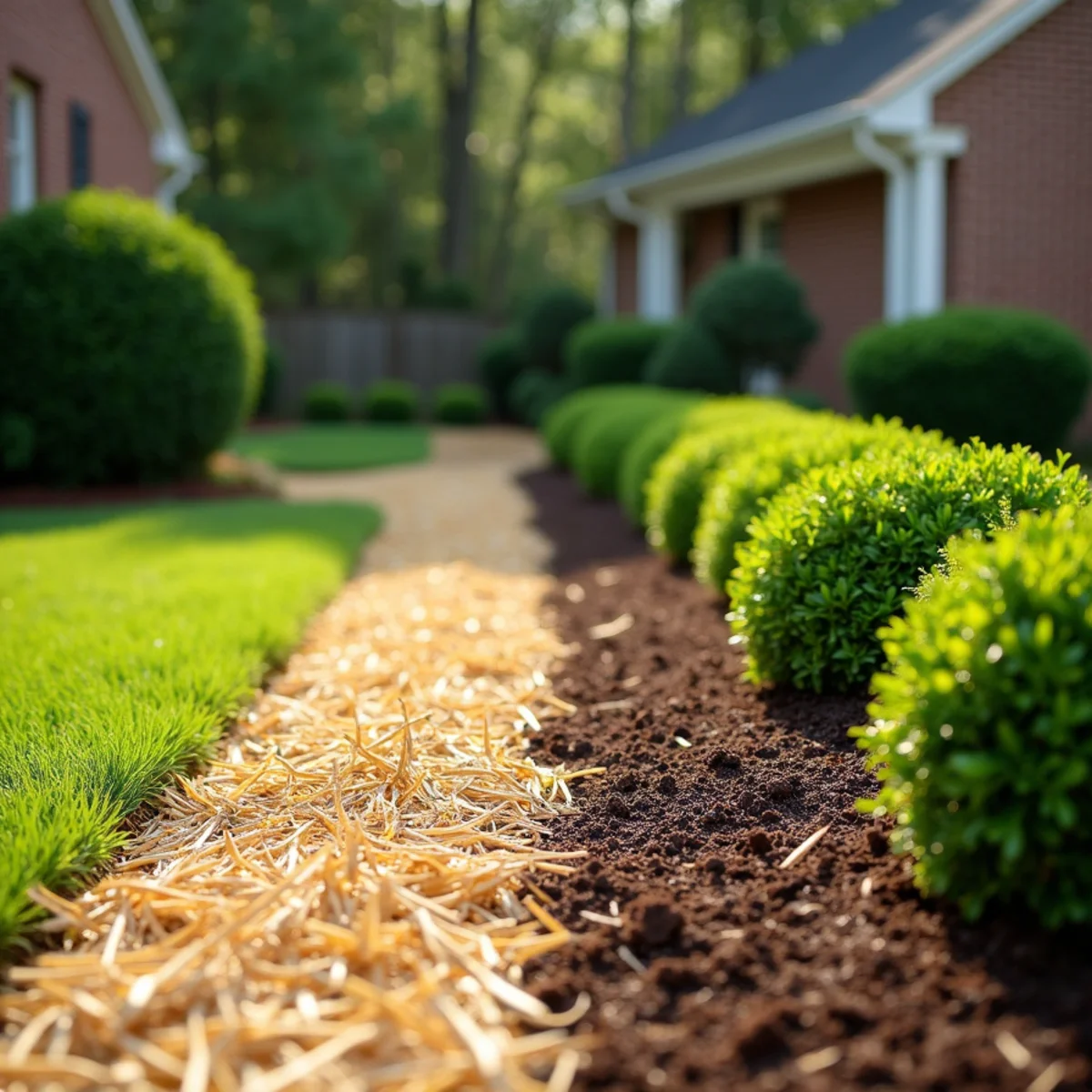 Landscape beds with pine straw on one side and hardwood mulch on the other in NC