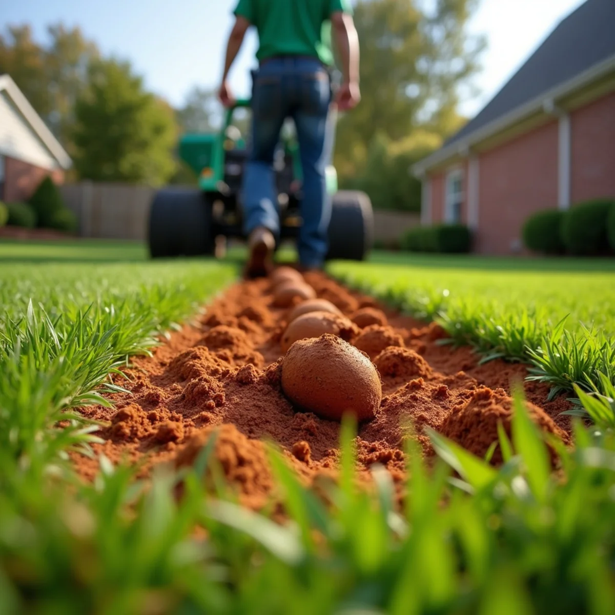 Core aeration plugs pulled from red clay soil on a Wake County lawn