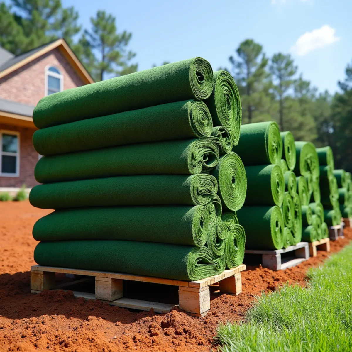 Fresh sod rolls being laid on a graded lawn in the Raleigh area