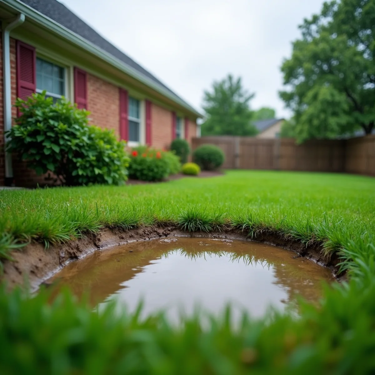 Standing water pooling on a soggy North Carolina lawn after heavy rain