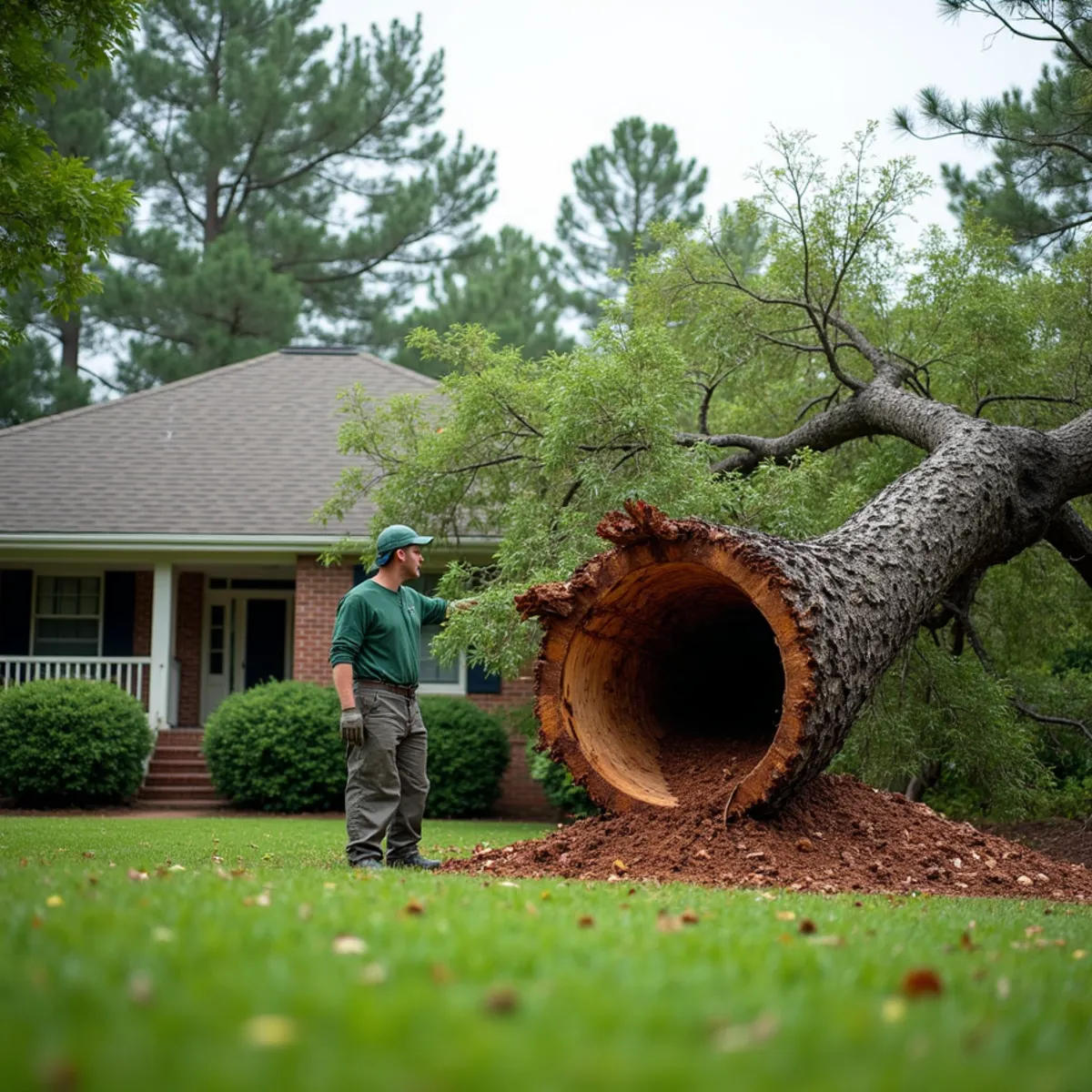 Large oak tree fallen across a North Carolina backyard after a storm