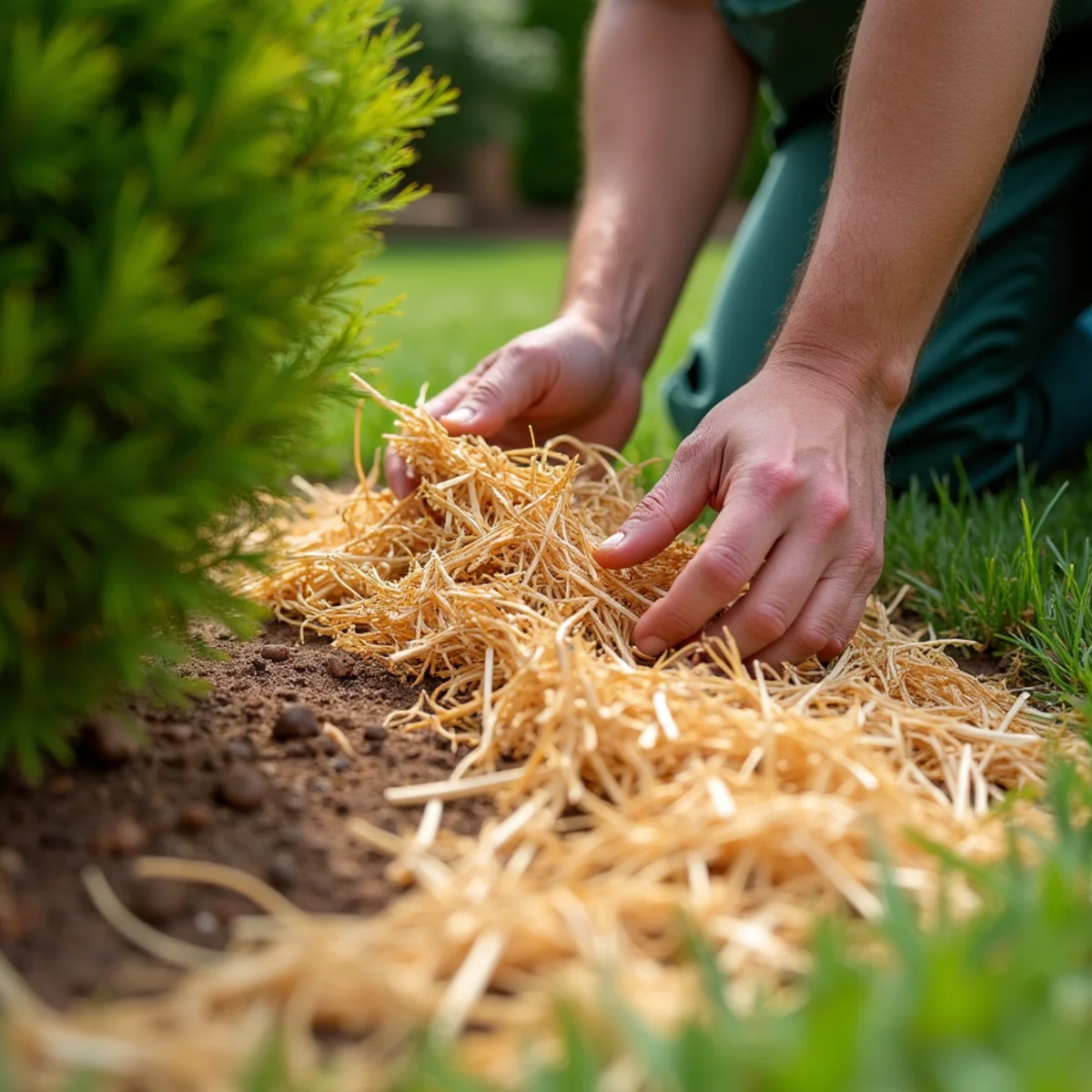 Will Do Lawn Care crew performing mulch & pine straw in Angier, NC