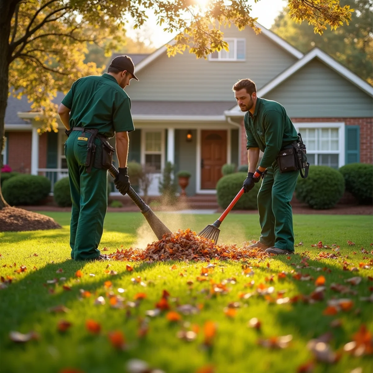 Crew performing a one-time fall yard cleanup and leaf removal in Angier NC